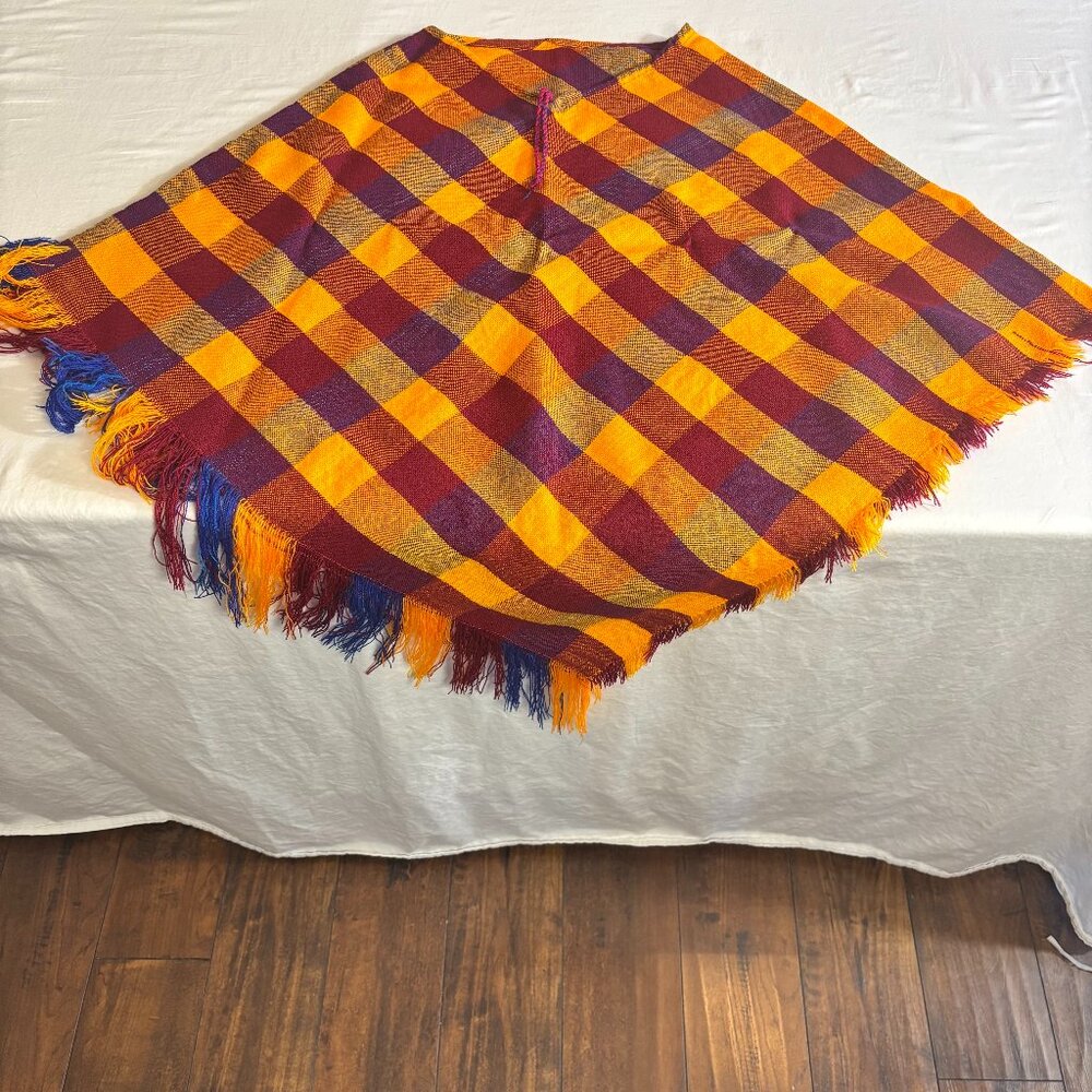 Vintage Handmade Plaid Poncho with Fringe - Multicolor